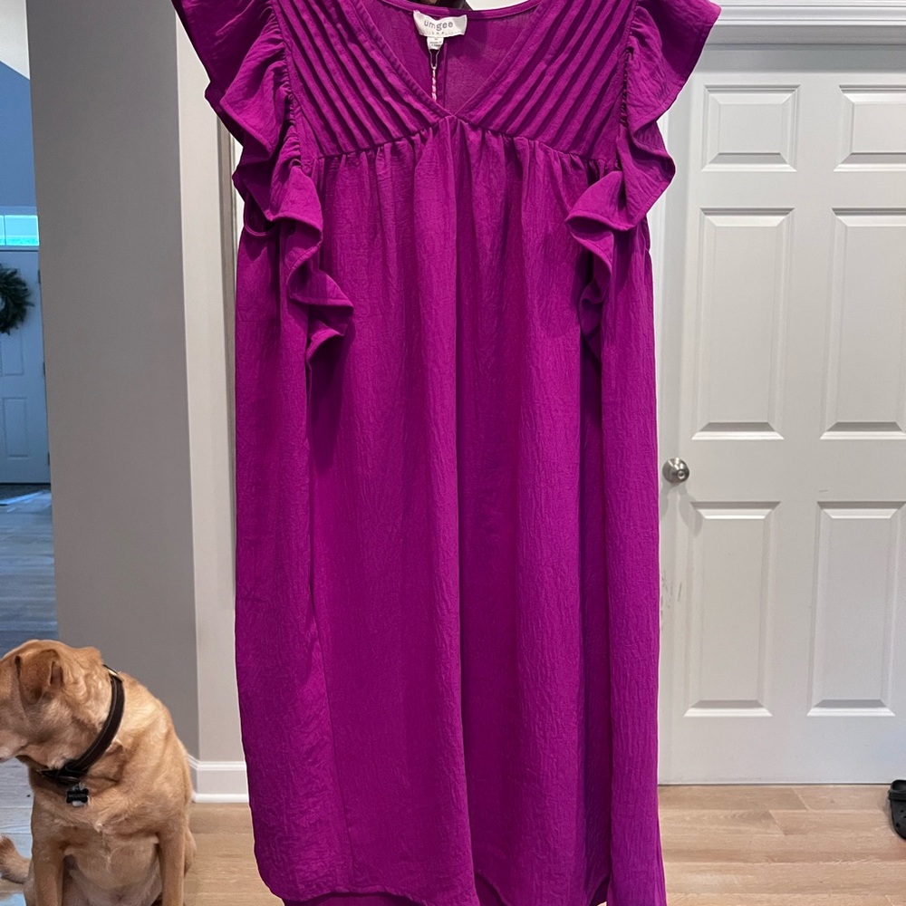 NWT Umgee Women’s Dress with Ruffled Sleeves in Vibrant Purple - L